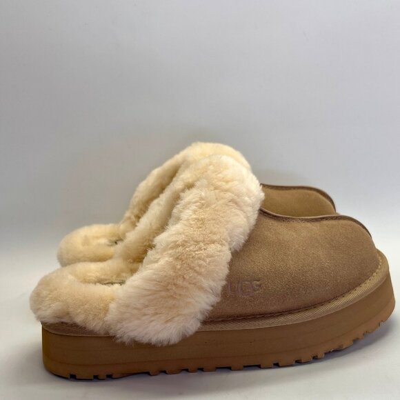 UGG Disquette Suede Sheepskin Slip-On Slipper Size 7 Tan Platform Slippers - Picture 1 of 14